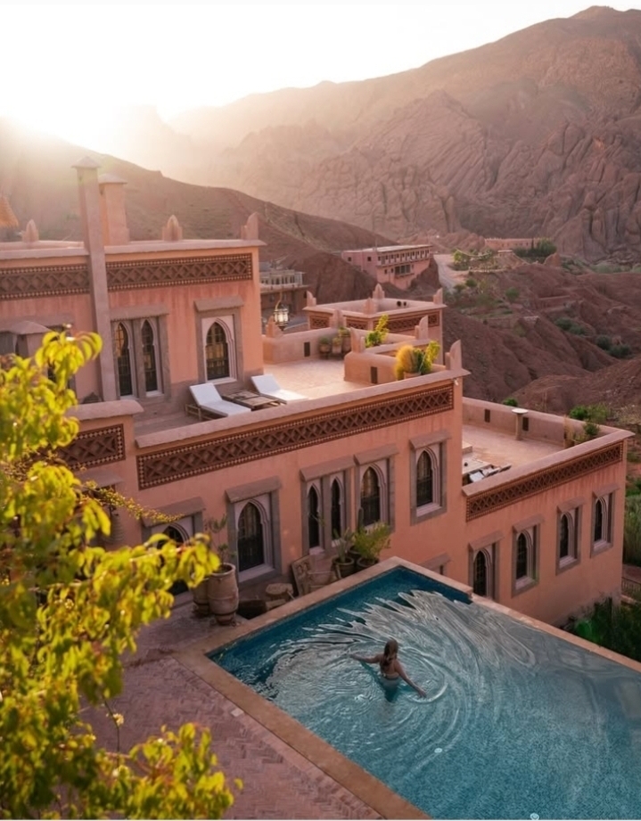 Panoramic view of Tinghir luxury riad with pool overlooking Todra Gorge oasis